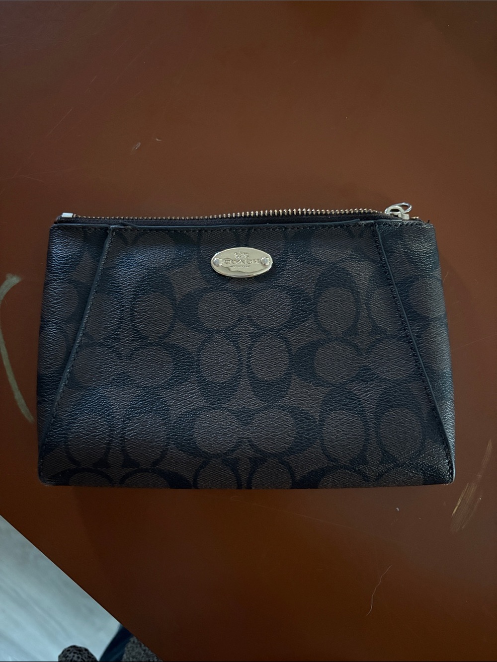 Coach Black Signature Cosmetic Zip Pouch with Metal Logo